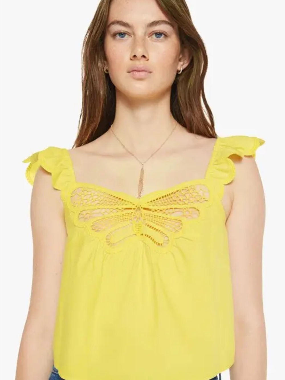 MOTHER THE Crochet Butterfly-Front Ruffle Top